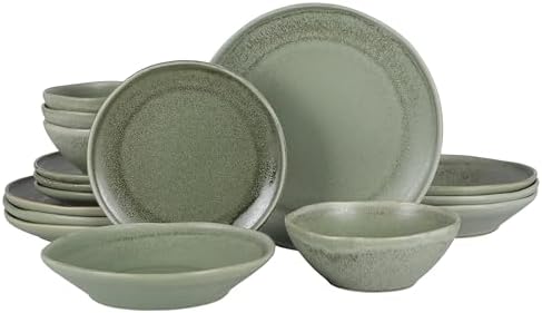 Gibson Elite Island Cove 16 Piece (Service for 4) Plates and Bowls Reactive Glaze Organic Round Dishes Stoneware Ceramic Dinnerware Set -Green by GibsonHomewares