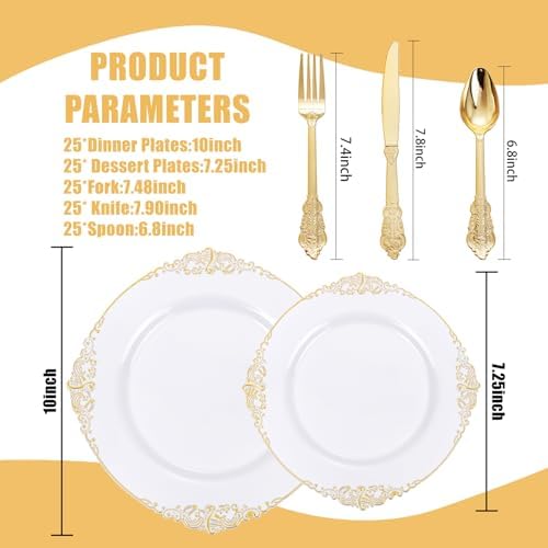 125PCS White and Gold Plastic Plates and Silverware for Wedding - Image 2