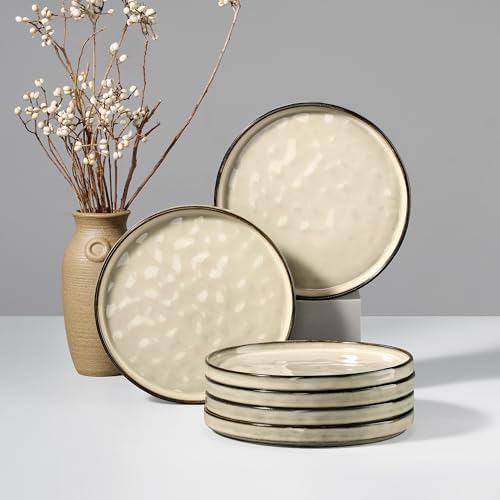 HaWare Stoneware Plates Set of 6, 7.9” Salad Plates, Reactive Glaze Ripple Ceramic Dish Set for Appetizer, Dessert, Scratch Resistant, Small Dinner Plate, Microwave and Dishwasher Safe, Saturn Khaki by HaWare