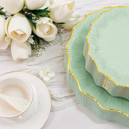 Rubtlamp 60Pcs Light Green Plastic Plates - Green Scalloped Plates with Gold Trim - 30 Gold Dinner & 30 Dessert Platos, Fancy Disposable Plates for Party, Wedding (30 Guests) - Image 3