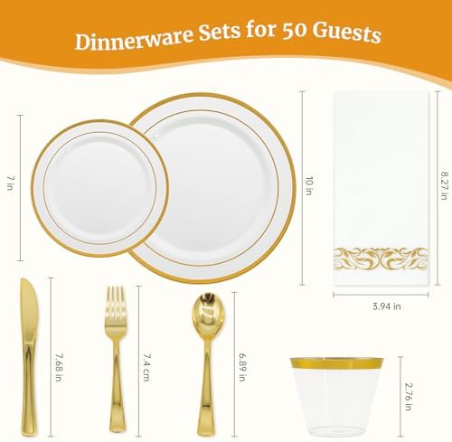 AIRE Gold White Plastic Plates Set, 350PCS Disposable Tableware for 50 - Image 2
