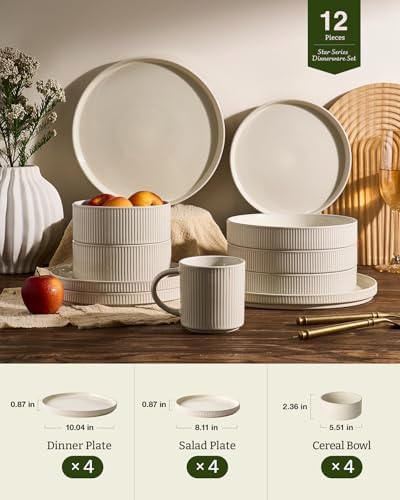 Famiware Ceramic Plates and Bowls Set, Dinnerware Sets, Ribbed Dishes for 4 - Image 6