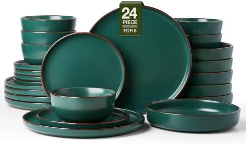 Famiware Mercury 24-Piece Dinnerware Set with Pasta Bowls, Dark Green by Famiware
