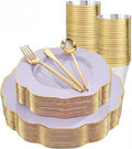 bUCLA 180PCS Purple Plastic Plates - Disposable Purple with Gold Rim, Include 30 Each (Dinner & Salad) Plates, 30 Knives, 30 Forks, 30 Spoons, 30Cups for Party, Shower & Birthday by BUCLA