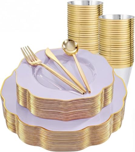 bUCLA 180PCS Purple Plastic Plates - Disposable Purple with Gold Rim, Include 30 Each (Dinner & Salad) Plates, 30 Knives, 30 Forks, 30 Spoons, 30Cups for Party, Shower & Birthday by BUCLA