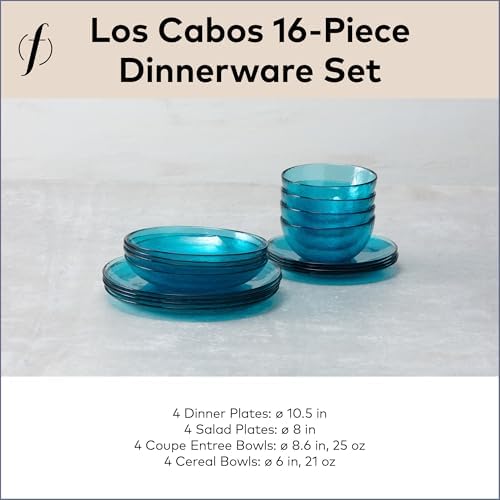 FORTESSA Los Cabos Tableware, 16-Piece Glass Dinnerware Set with 4 Dinner Plates, 4 Salad Plates, 4 Coupe Bowls and 4 Cereal Bowls, Dishwasher-Safe Glass Plate Set, Lagoon Blue - Image 5