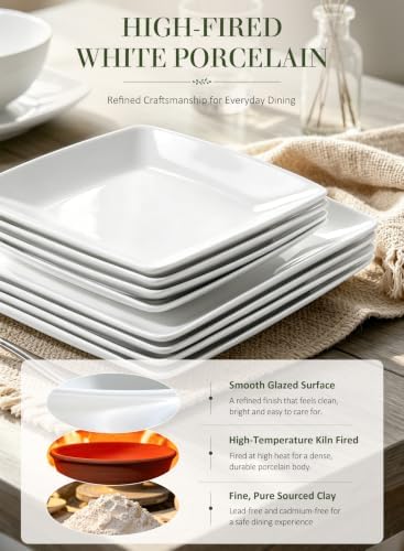 Porcelain Square Dinner Plates, 10.75 & 8.4 Inch White Plate Set of 8 - Image 4