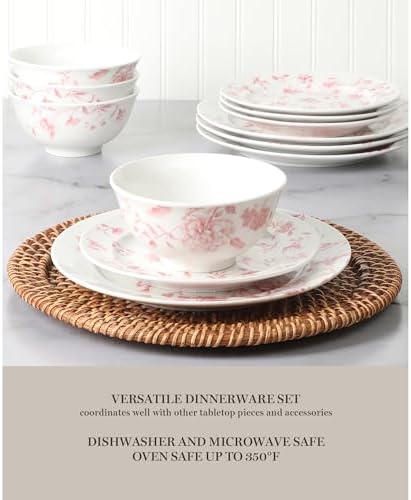 Martha Stewart Empress Bouquet 12-Piece Decorated Porcelain Chip and Scratch Resistant Dinnerware Plates and Bowls Set - Pink Floral - Image 5