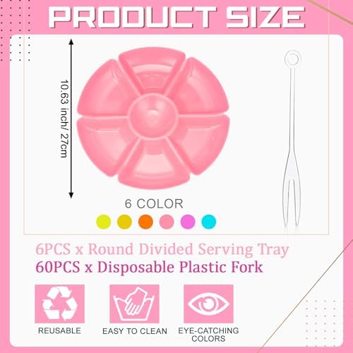 Zhehao 6 Pcs Plastic Divided Serving Trays with 60 Pcs Disposable Fork, 7 Compartments Round Chip Dip Plate, Petal Shape Platter, 10.6'' Snacks Serving Dish for Party Candy Nuts Fruits (Vibrant Color) - Image 2