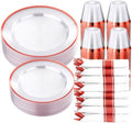 realluck 350 PCS Clear Red Plastic Dinnerware Set for 50 Guests, 100 Disposable Plates for Party, 50 Pre Rolled Napkins with Red Silverware, 50 Cups for Graduation by Realluck