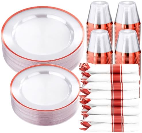 realluck 350 PCS Clear Red Plastic Dinnerware Set for 50 Guests, 100 Disposable Plates for Party, 50 Pre Rolled Napkins with Red Silverware, 50 Cups for Graduation by Realluck
