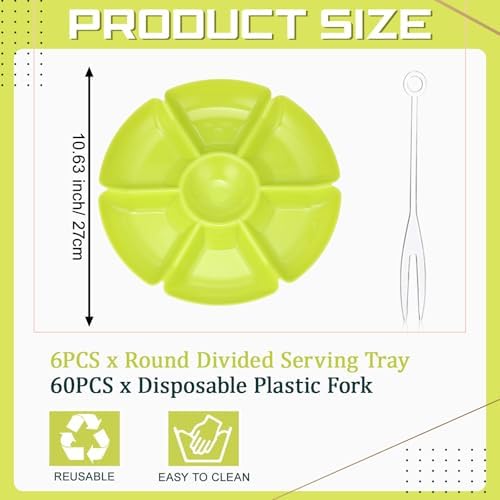 Zhehao 6 Pcs Plastic Divided Serving Trays with 60 Pcs Disposable Fork, 7 Compartments Round Chip Dip Plate, Petal Shape Platter, 10.6'' Snacks Serving Dish for Party Candy Nuts Fruits (Bright Color) - Image 2