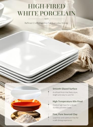 Porcelain Square Dinner Plates, 10.75 Inch White Plates, Set of 4 - Image 5