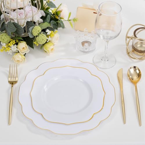 bUCLA 180PCS White and Gold Plastic Plates Disposable - White with Gold Rim Dinnerware Set Include 30 Guests Dinner & Dessert Plates, Cups, Cutlery Set for Wedding, Party & Thanksgiving Table Decor - Image 6