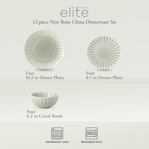 Gibson Elite Peach Orchard 12-Piece New Bone China Dinnerware Set Service for 4, Embossed Fluted Plates and Bowls, Dishwasher and Microwave Safe, Sage Green - Image 2