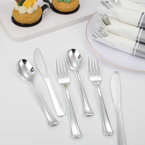 Supernal 120 Pack Silver Plastic Silverware Wrapped Cutlery Set with Napkin - Image 5