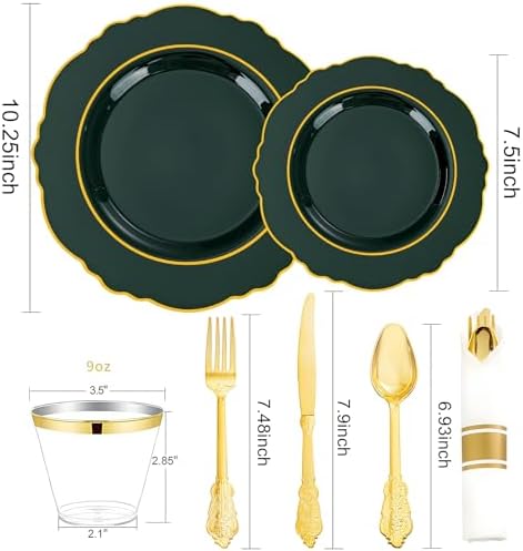 Liacere 175PCS Green Plastic Plates - Emerald Green Disposable With Gold Rim - 25Guest Baroque Plastic Dinnerware include 50Plates-25Pcs Pre Rolled Napkins with Silverware 25Cups for Party & Wedding - Image 7