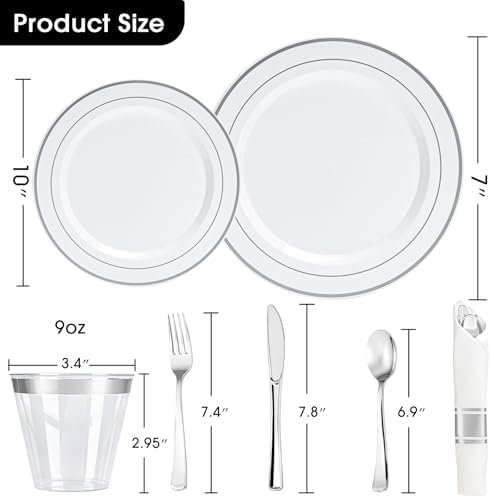 N9R 350PCS White Silver Plastic Plates, Disposable Dinnerware Set for Party - Image 2