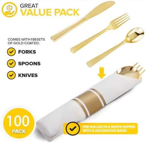 400PCS Pre Rolled Gold Plastic Silverware Sets - Image 4