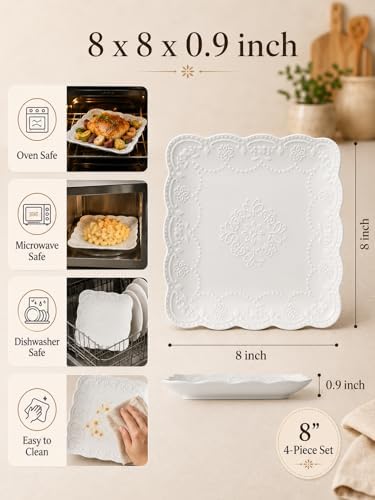 8 Inch Embossed Ceramic Salad Plates Set of 4, White Appetizer Plates with Scalloped Lace Edge, Vintage Square Plates for Salad, Snacks, Brunch, Dessert, Firut, Microwave Oven Dishwasher Safe - Image 5