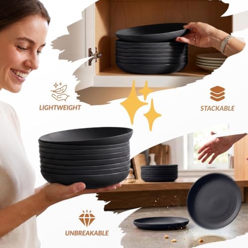 Homienly Wheat Straw Plates Unbreakable Deep Dessert Plates Set of 8 Plastic Plates Reusable Microwave Safe Plate for Kitchen Camping Party Dishwasher Safe Stackable Appetizer Plates (8in, Black) - Image 6