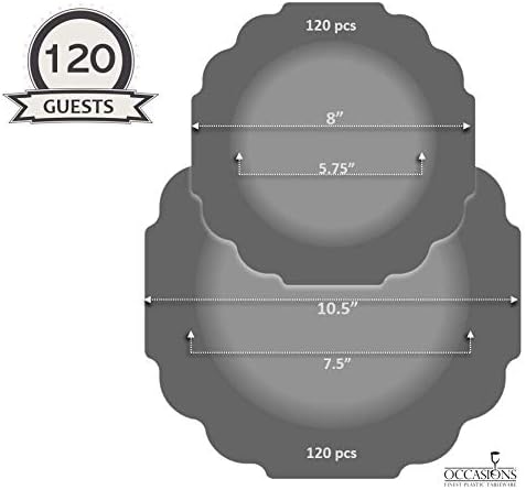 " OCCASIONS " 240 Plates Pack (120 Guests) Heavyweight Wedding Party Disposable Plastic Plates Set -120 x 10.5'' Dinner + 120 x 8'' Salad/Dessert Plate (Imperial in White & Silver Rim)