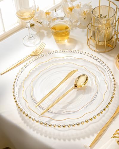 bUCLA 180PCS Clear Plastic Plates with Gold Trim - Clear Gold Plastic Dinnerware Include 30 Dinner & Dessert Plates, 30 Knives, 30 Forks, 30 Spoons and 30 Cups for Party - Image 4
