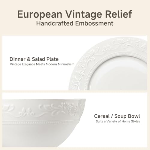 KINGSTONE 24Pcs Vintage Relief White Bone China Set, Service for 8 - Image 4
