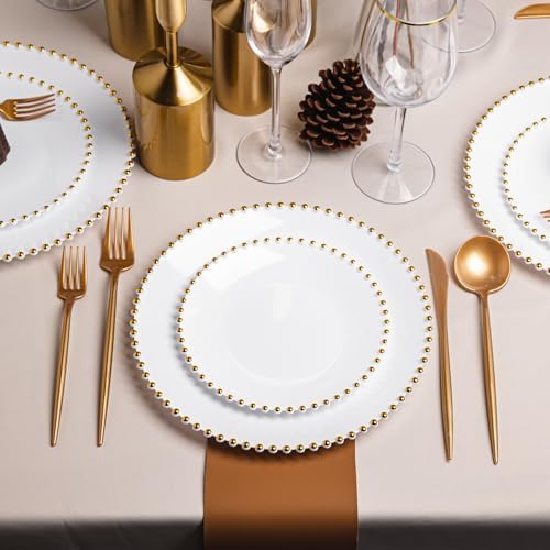 HOMIP 50PCS Disposable White Plastic Plates with Gold Pearl-Beaded Rim - Image 5