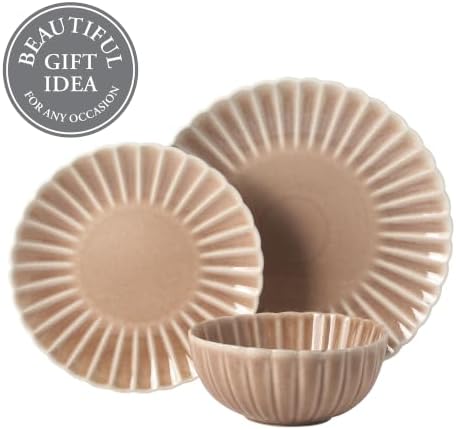 Gibson Elite Peach Orchard 12-Piece New Bone China Dinnerware Set Service for 4, Embossed Fluted Plates and Bowls, Dishwasher and Microwave Safe, Mauve Rose - Image 4