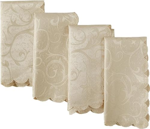 Newbridge Portofino Scalloped Damask Fabric Napkins, Set of 4, Linen, Wrinkle and Stain Resistant Fine Dining Holiday Party Fabric Napkin Set - Image 2