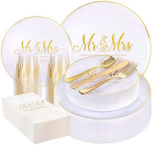 I00000 175 Pcs Gold Wedding Plastic Plates and Disposable Napkins Set by I00000