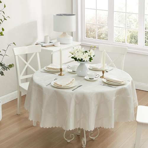 Newbridge Ribbons and Bows Damask Fabric Tablecloth, Ivory, 90 Inch Round, Wrinkle & Stain Resistant Table Cover - Image 5