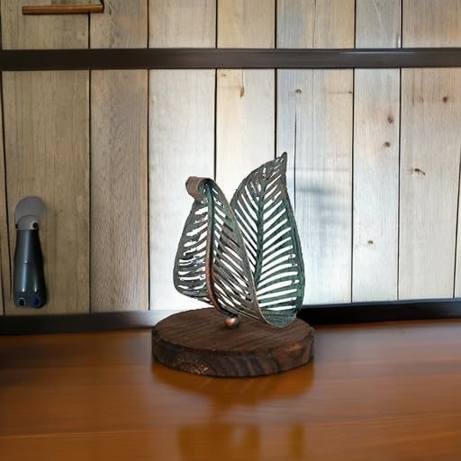 OwlGift Freestanding Modern Napkin Holder w/Golden Turquoise Metal Leaf & Brown Wooden Base Design, Tabletop Tissue Dispenser, Napkin Storage Organizer