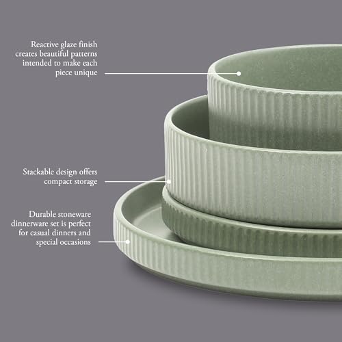 Gibson Elite Deerfield 16-Piece Stoneware Dinnerware Set – Matte Green Stackable Plates and Bowls, Reactive Glaze Finish, Service for 4 – Microwave & Dishwasher Safe - Image 3