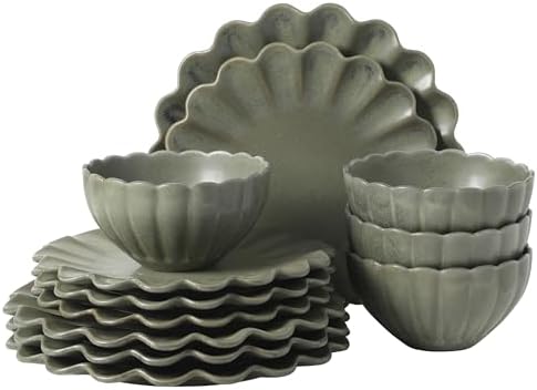 Gibson Elite Bistro Fleur Plates and Bowls Sets, 12-Piece Stoneware Dinnerware Set for 4, Matte Green Scalloped Dish Set with Dinner Plates, Salad Plates & Bowls by GibsonHomewares
