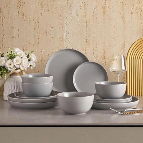 Sweese Dinnerware Sets Service for 4, 12 pcs Matte Speckled Glaze Plates and Bowls Sets, Handmade Ceramic Dish Set, Highly Chip and Crack Resistant Modern Plate Set, Grey by Sweese