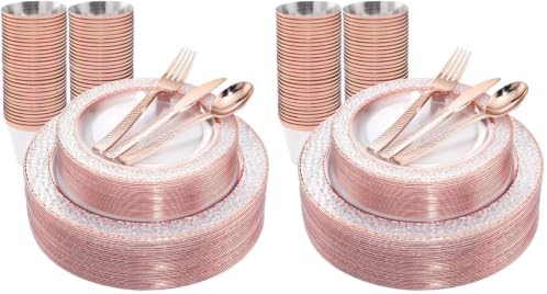 Ciaell 150PCS Rose Gold Plastic Plates – Disposable Plates with Rose Gold Plastic Silverware include 50Plates, 25Forks, 25Knives, 25Spoons, 25Cups for Wedding & Party (Pack of 2) by Ciaell