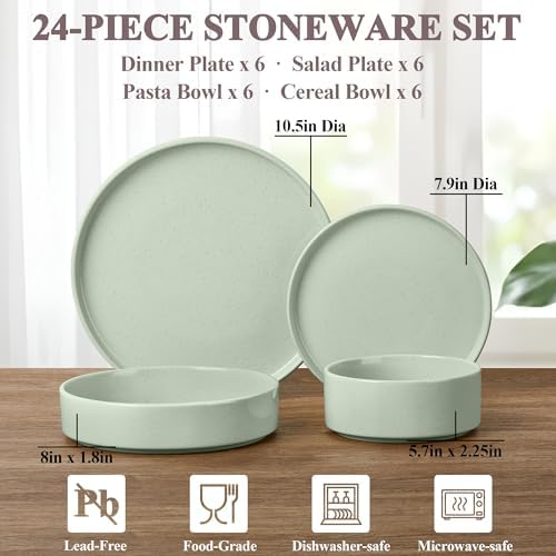 Herogo 24 Piece Plates and Bowls Set, Kitchen Dinnerware Sets with Pasta Bowls, Dinner Ware Dishes Service for 6, Chip & Scratch Resistant Porcelain Kitchen Dishware, Speckled Light Green - Image 2