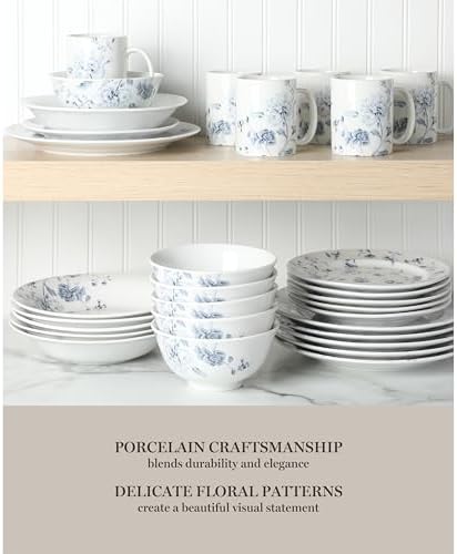 Martha Stewart Empress Bouquet 30 Piece Decorated Porcelain Chip and Scratch Resistant Dinnerware Plates and Bowls Set - Blue Floral - Image 4
