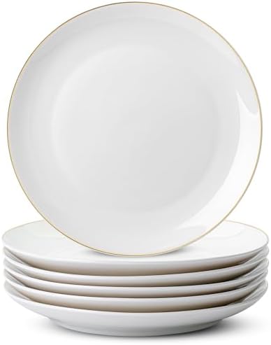 BTaT- White Porcelain Dinner Plates with Gold Rim, Set of 6, 10.5", Porcelain Dinner Plates by BrewToATea