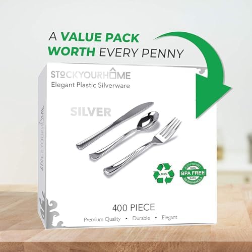 Silver Plastic Silverware Set (400-Pack) – Disposable Heavy Duty Cutlery, 134 Forks, 134 Knives, 134 Spoons for Parties, Weddings, Dinners & Holidays, Stock Your Home - Image 4