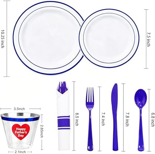 WELLIFE 210 Piece Blue Disposable Dinnerware Set,Plastic Plates for Party, Include: 30 Dinner Plates, 30 Dessert Plates, 30 Pre Rolled Napkins with Gold Silverware and 30 Gold Cups - Image 2