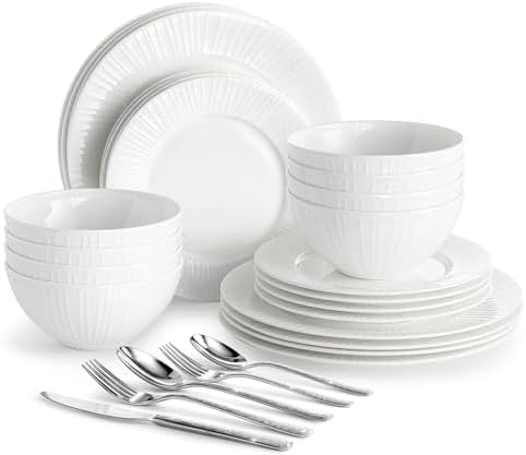 KINGSTONE 24Pc Bone China Dinnerware Set & 40Pc Flatware Combo Set for 8 by KINGSTONE
