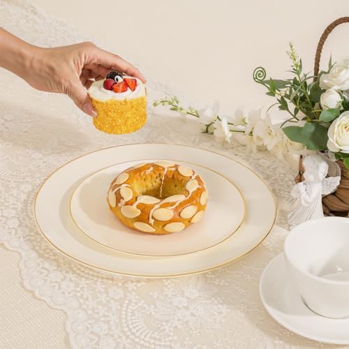 PULOTE 60 PCS Ivory Plastic Plates - Cream Plastic Disposable Include 30 Dinner and 30 Dessert Plates with Gold Rim - Ideal for Party & Wedding (Pack of 3) - Image 3