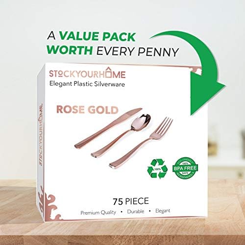 75-Pcs Heavy Duty (Rose Gold) Plastic Silverware Set, Disposable Cutlery Set, Great for Parties, Weddings, and Catering, Flatware Utensils Included: 25 Forks, 25 Spoons, 25 Knives, Stock Your Home - Image 4