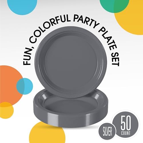 Exquisite Party Solids Sturdy Silver Plastic Plates 10" Party Plates 50 Pcs - Image 2