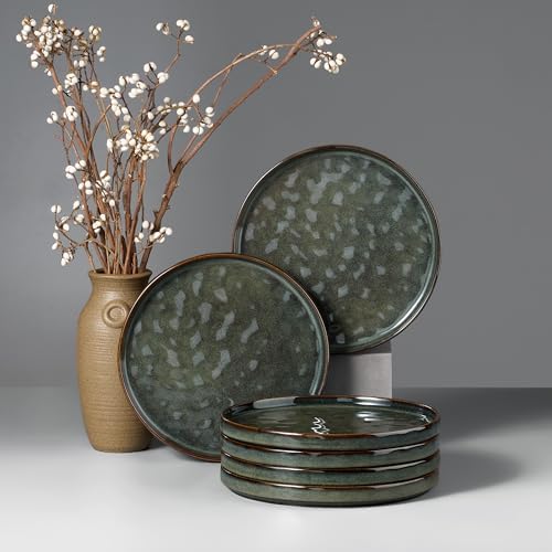 HaWare Stoneware Plates Set of 6, 7.9" Salad Plates, Reactive Glaze Ripple Ceramic Dish Set for Appetizer, Scratch Resistant, Small Dinner Plate, Microwave and Dishwasher Safe, Reactive Moss Green by HaWare