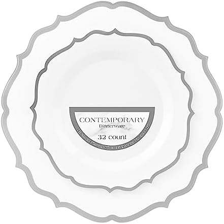 PLASTICPRO 32 Pack Elegant Disposable Plastic Plates Combo Set Includes 16 Dinner Plates and 16 Salad Plates Heavy Duty Fancy Party Plates White & Silver Contemporary Design by PLASTICPRO