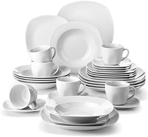 MALACASA 30 Piece Porcelain Dinnerware Set, Grey White Dish Set for 6, Square Ceramic Dishware Sets, Chip and Scratch Resistant Plates and Bowls Sets, Cups and Saucers, Series ELISA by MALACASA